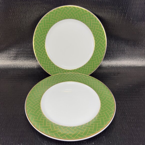 Williams Sonoma Garden Lattice Green Rim 8inch Plate Dish Set 2 New With Sticker - Picture 15 of 16